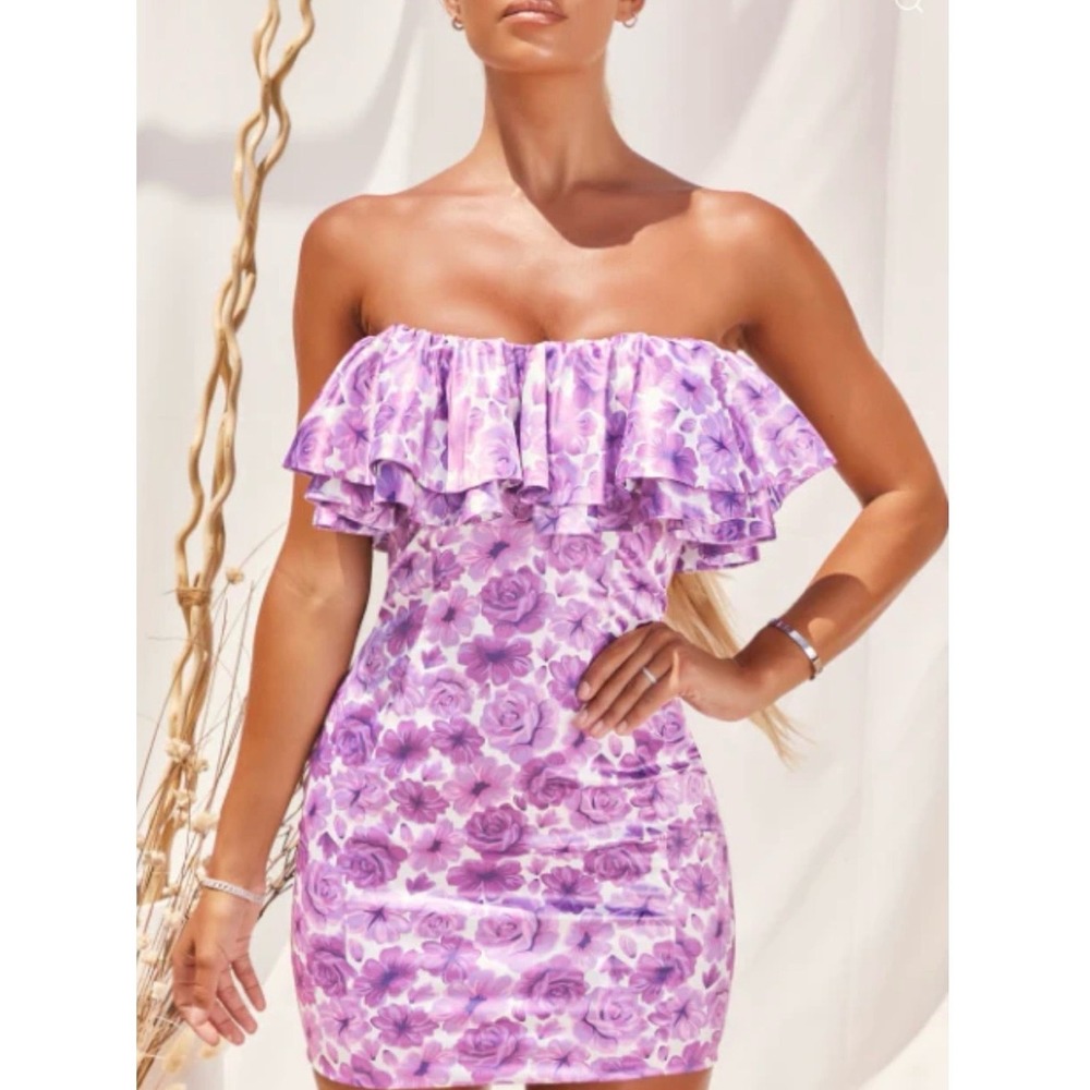 Oh Polly Purple Floral Ruffle Strapless Satin Mini Dress US 4 UK 8‎